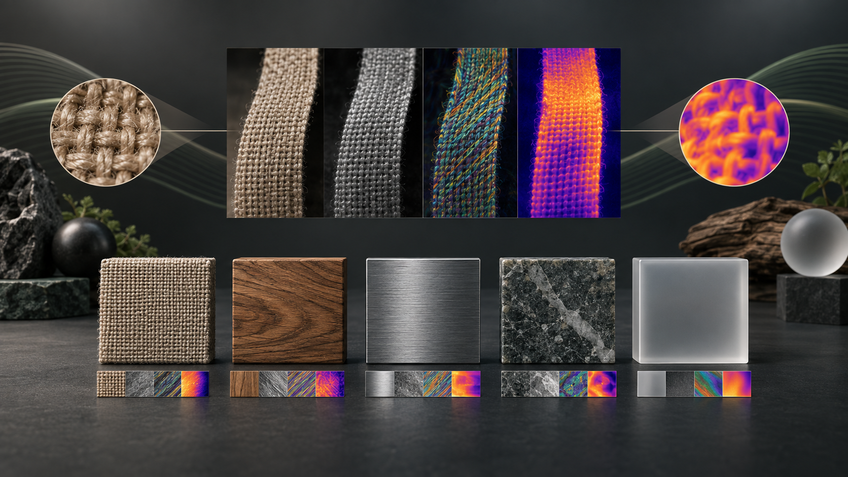 Illustration of material samples viewed through multiple sensing modalities